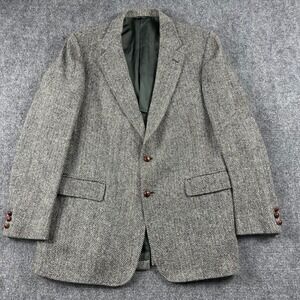 Cricketeer Sport Coat Mens 44 Grey Harris Tweed Herringbone Wool Blazer Vintage